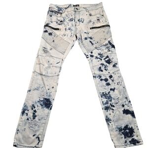 Square Zero Jeans Mens 36x32 Blue Acid Wash Moto Biker Skinny Distressed Denim